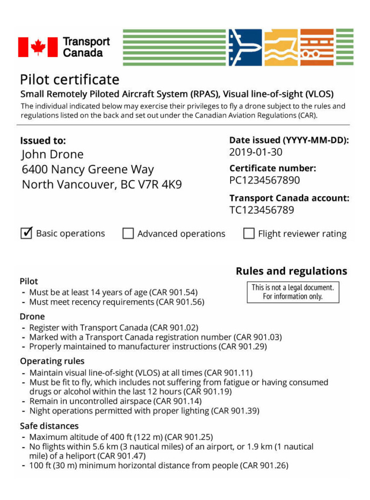 Example of Pilot Certificate in Canada